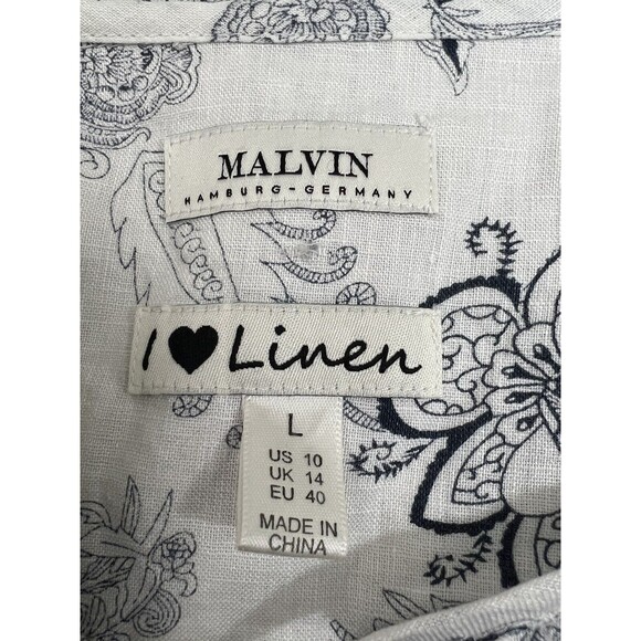 Malvin "I Love Linen" Blouse L White/Black Floral Paisley Embroidered Minimalist - Picture 8 of 10